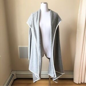 GRAY Wool Cashmere Open Front Waterfall Cardigan Sweater Hood Leather Trim M